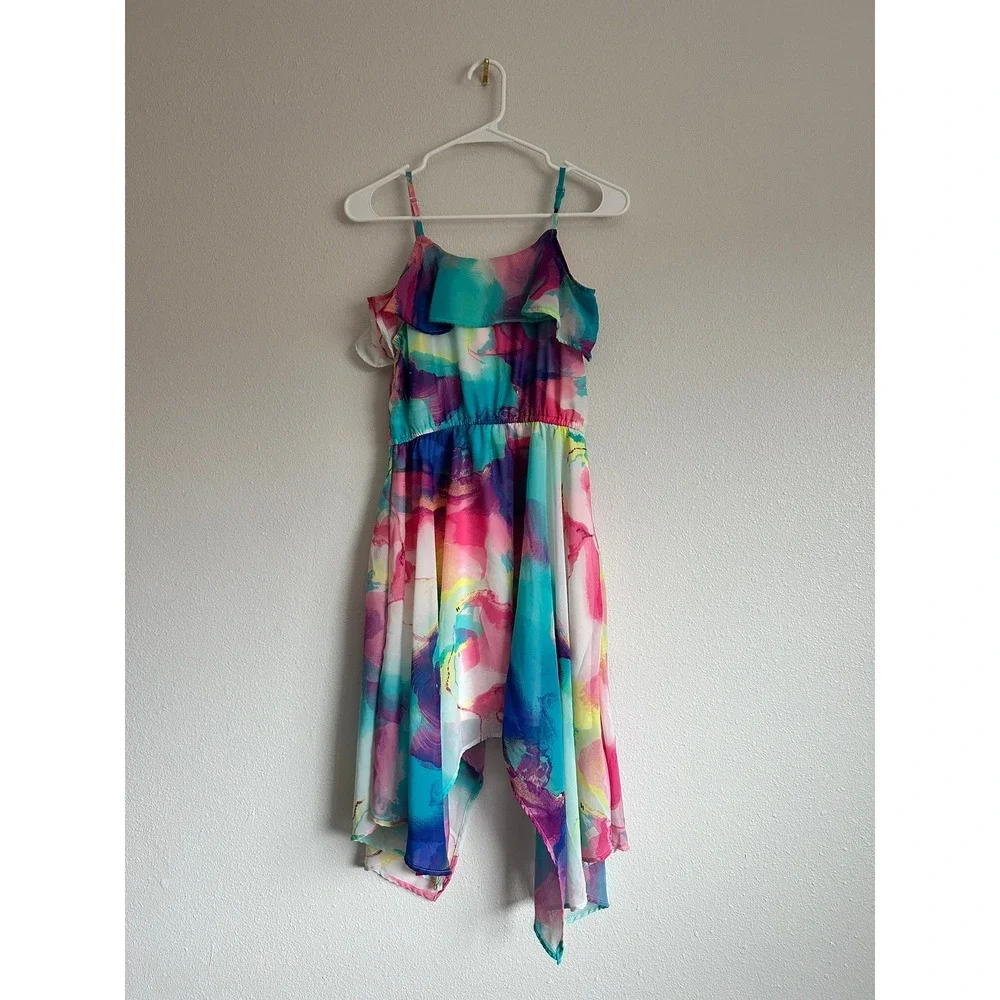 The Childrens Place Girls Watercolor Abstract Handkerchief Hem Dress Size 14 XL